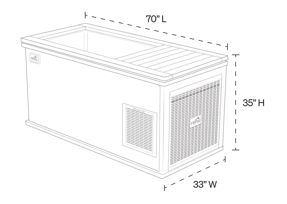 Line drawing of the Cold Stoic 3.0: 70 in long, 33 in wide, 35 in high