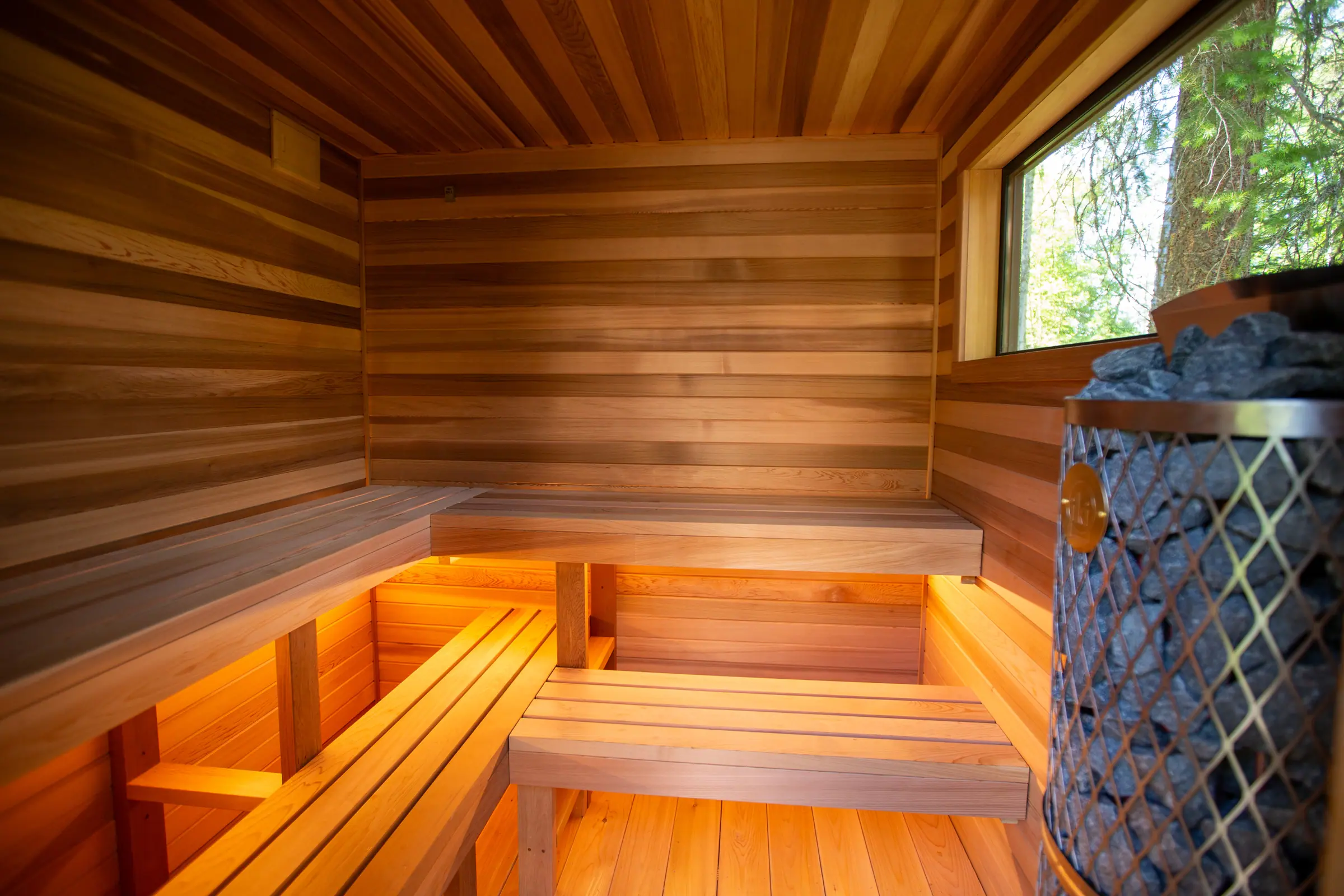 Cedar sauna interior with lit benches