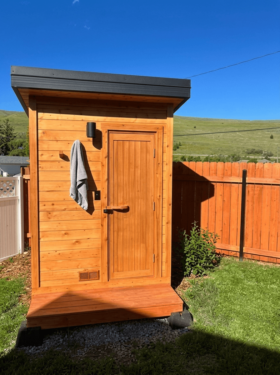 Cedar door and siding of a Model M sauna