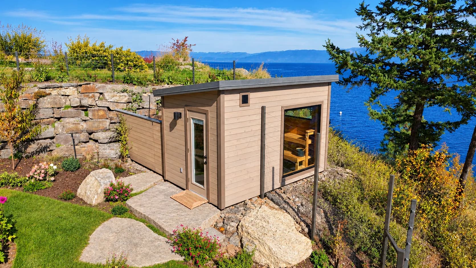 Model T with an attached changing room on a landscaped slope above a lake, with mountains beyond