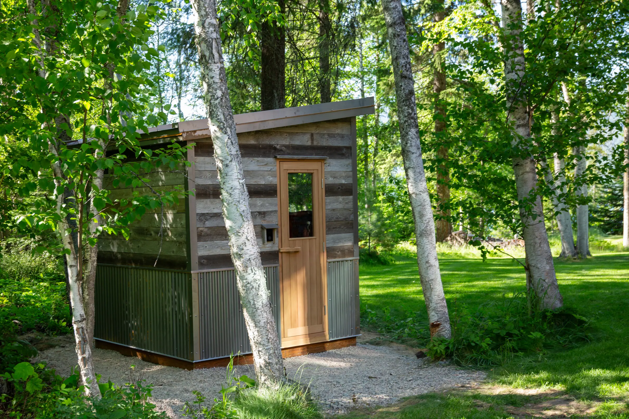 Reclaimed-wood sauna with a cedar door among birch trees
