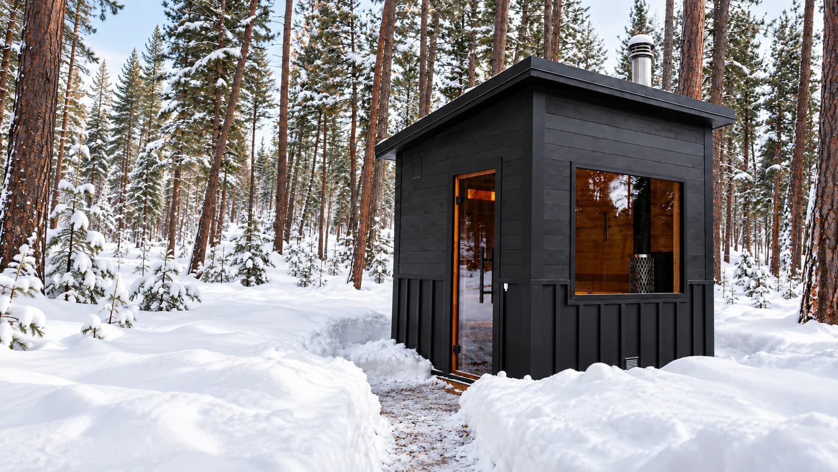 Black-clad Model T sauna with a glass door, standing in fresh snow among pine trees