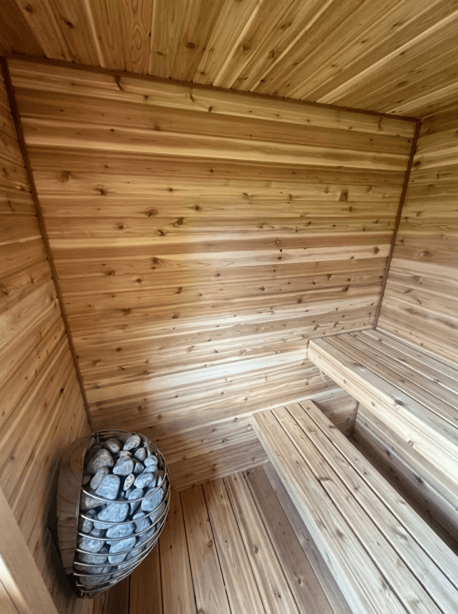 Cedar benches and a stone-filled heater inside a Model M sauna