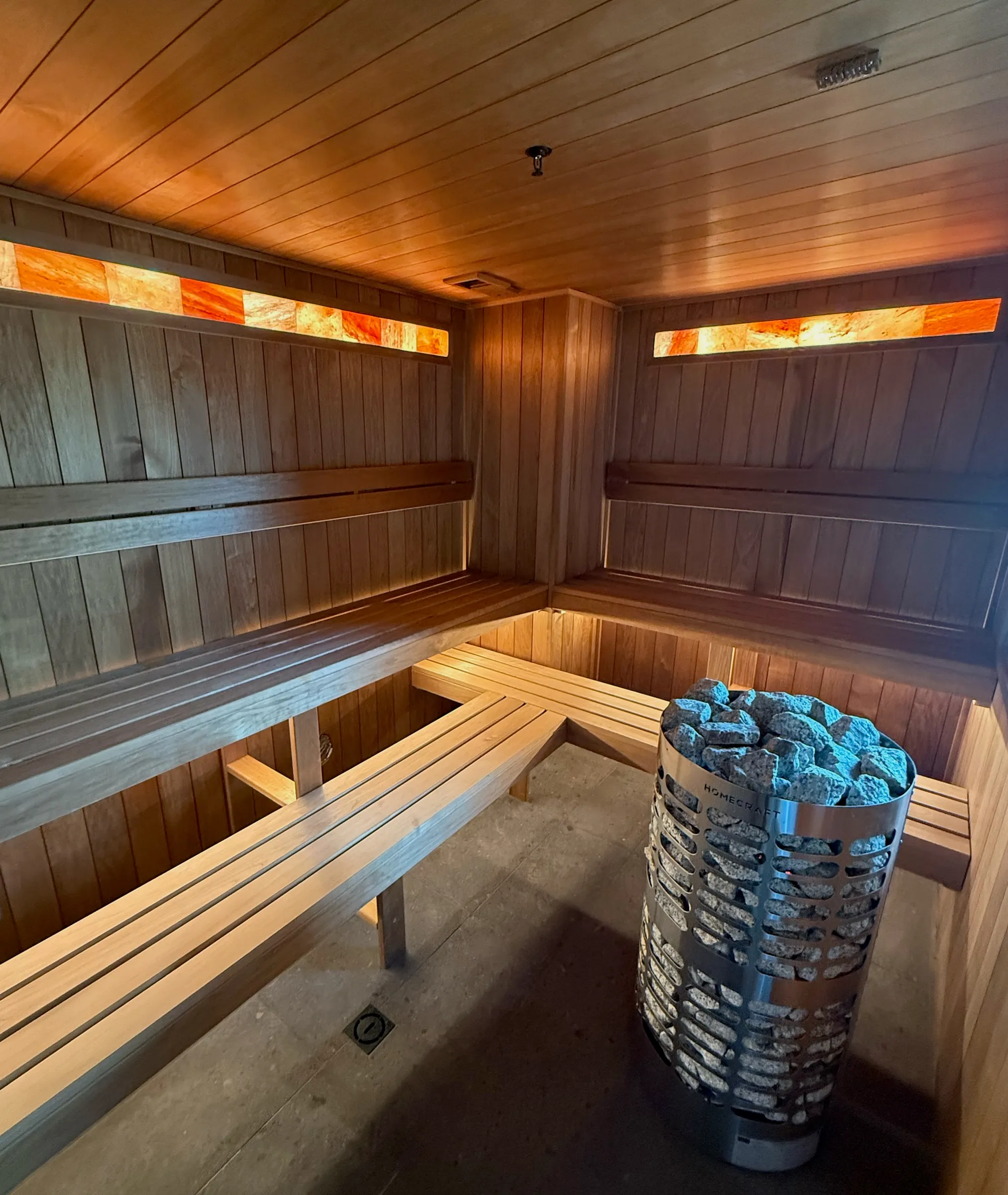 Two-tier wraparound benches, a backlit salt-block strip and a HomeCraft heater