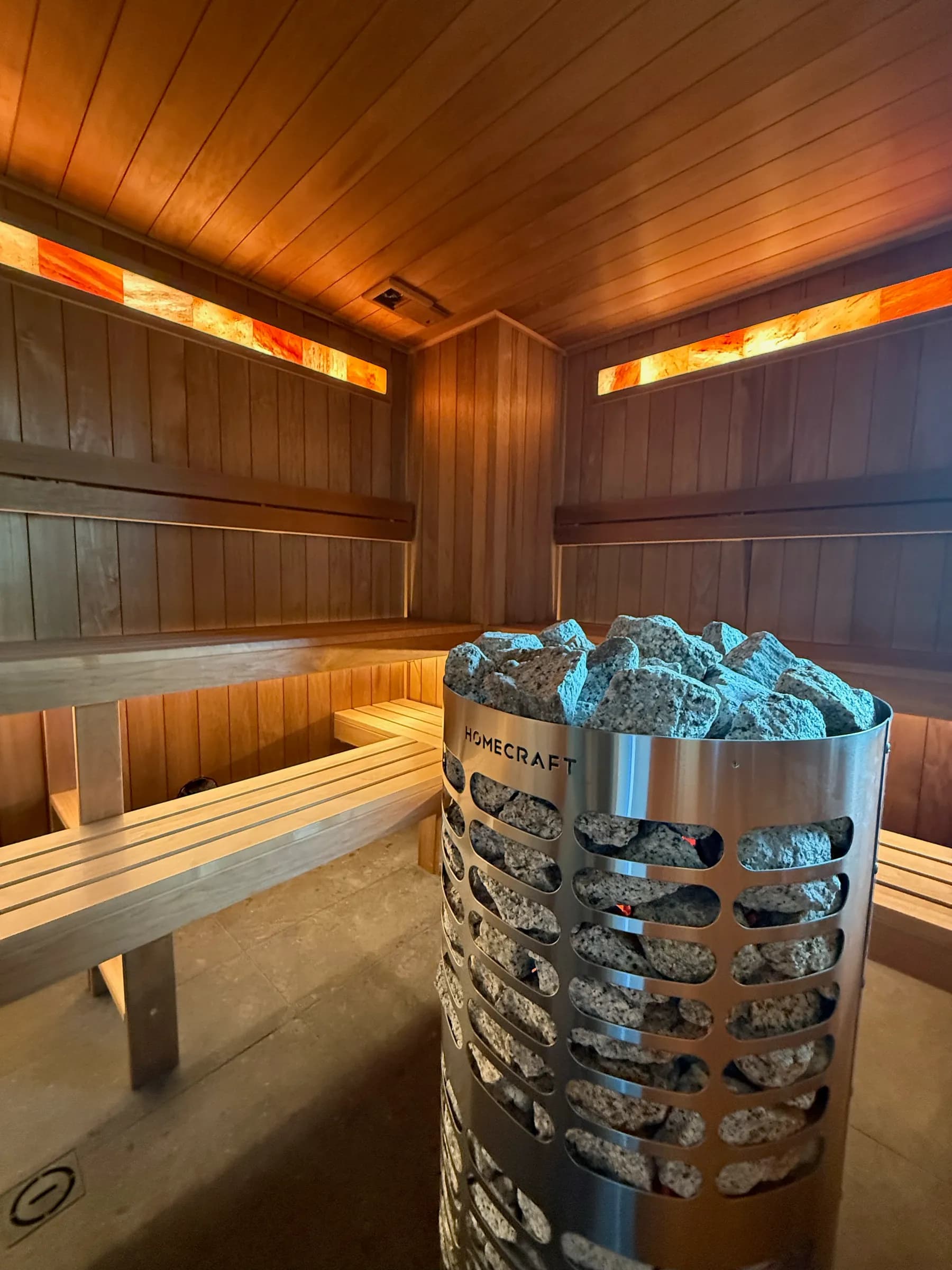 HomeCraft heater in front of tiered benches and backlit salt blocks